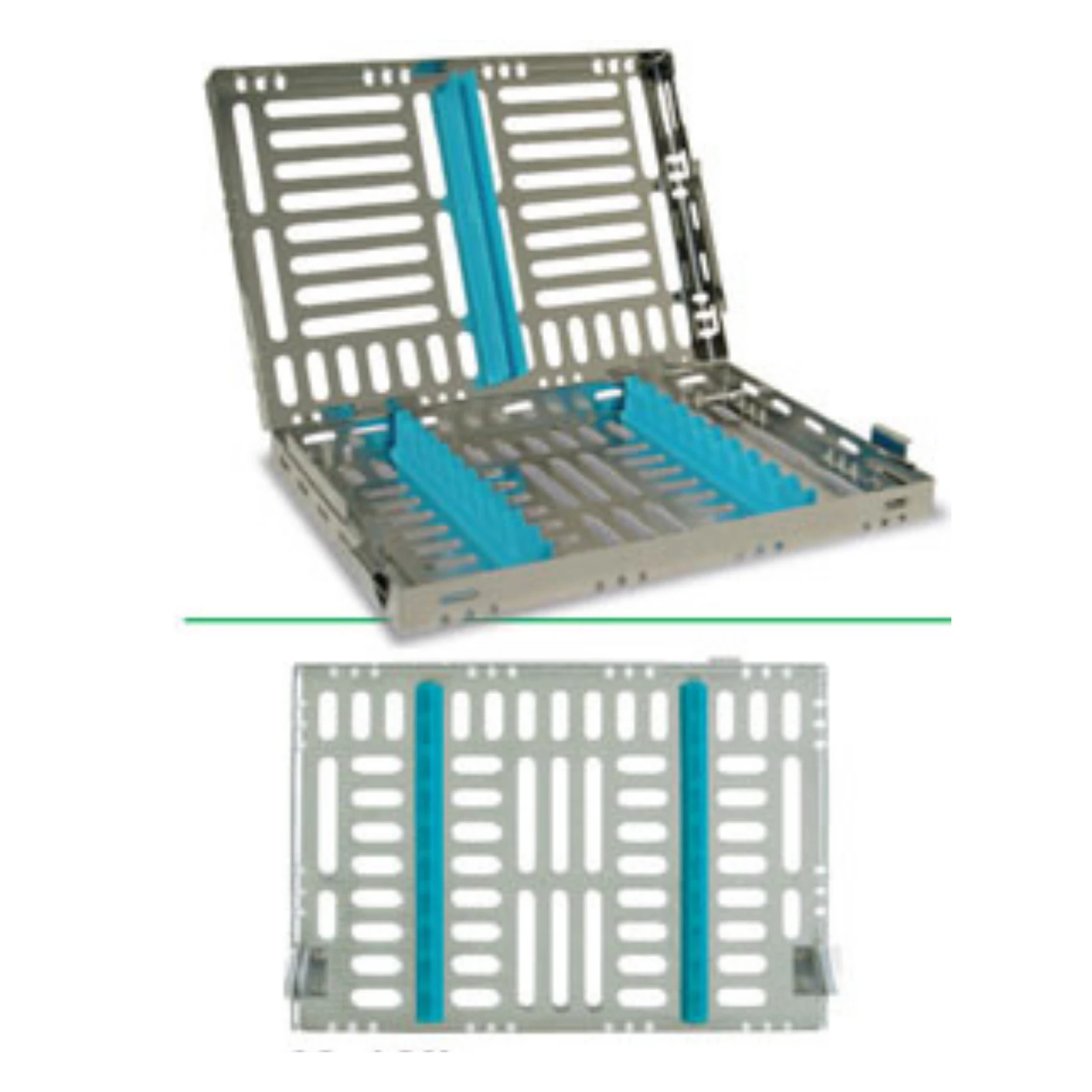 Nordent Sterilization Cassette, Stainless Steel, Medium, 10 Instrument Capacity, 5 1/2" W x 8" L x 1 1/4" H, Mint/Teal, Single-Sided, Easy-Open - Cassette Medium 10 Instrument - Image 1