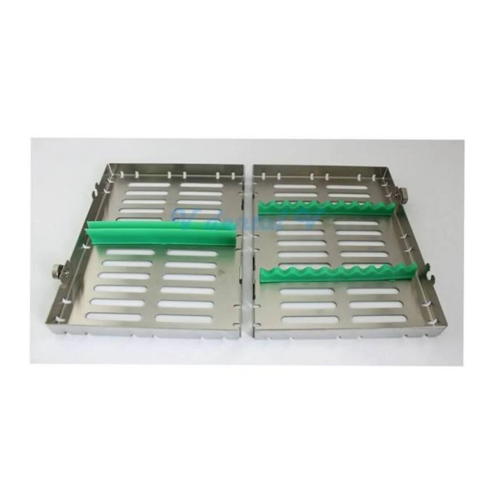 Nordent Sterilization Cassette, Medium, 10 Instrument Capacity, Stainless Steel, Light Green, Single-Sided, 5 1/2" W x 8" L x 1 1/4" H - Cassette Medium 10 Instrument - Image 1