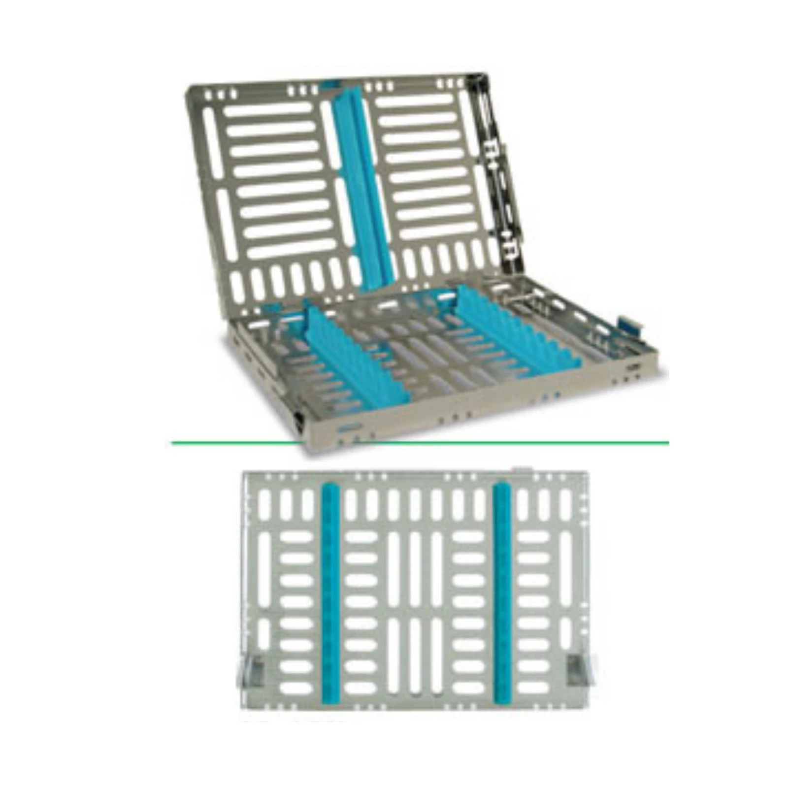 Nordent Sterilization Cassette, Stainless Steel, Easy-open, Side Spring Latches, Medium, 5 Instruments with Divider, Teal - Nordent Sterilization Cassette, Stainless Steel, Easy-open, Side Spring Latches - Image 1