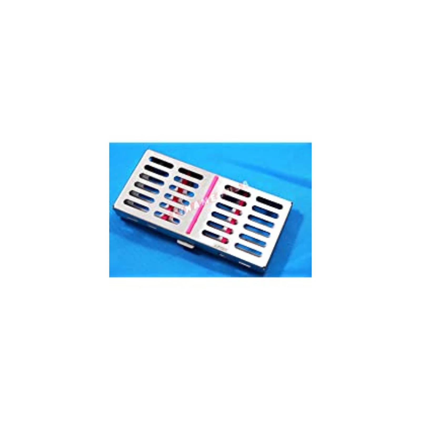 Nordent Sterilization Cassette, Stainless Steel, Single-Sided, Medium, 5 Instruments with Divider, Raspberry/Fuscia, 5.5"W x 8"L x 1.25"H - Nordent Sterilization Cassette, Stainless Steel, Easy-open, Side Spring Latches - Image 1