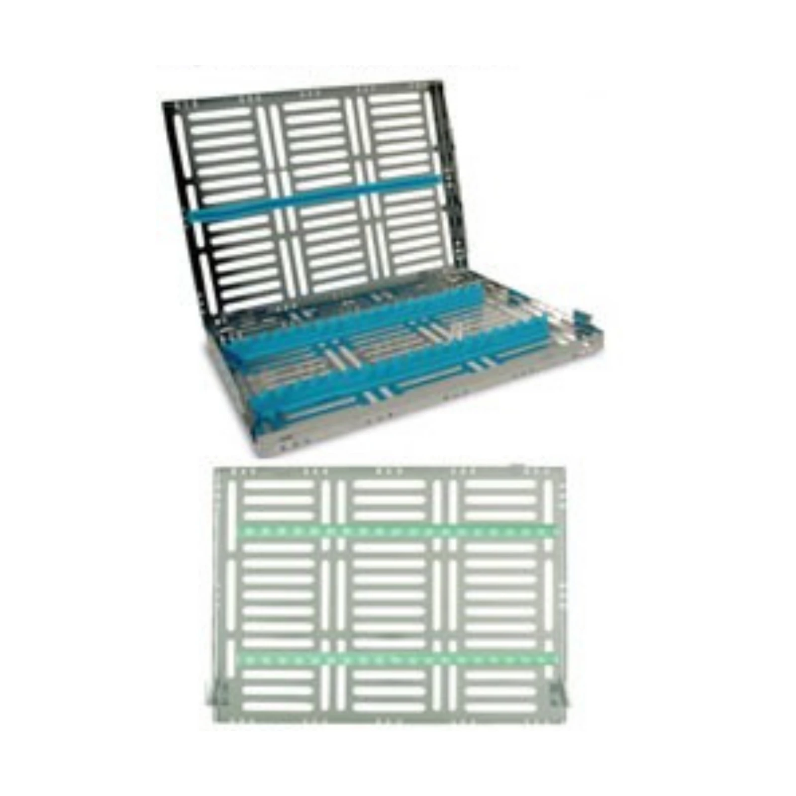 Nordent Large Single-Sided Sterilization Cassette, 15 Instruments with Divider, Teal, Stainless Steel, 8"W x 11"L x 1.25"H - Nordent Large, 15 Instrument plus 3"x 8" open area Sterilization Cassette - Image 1