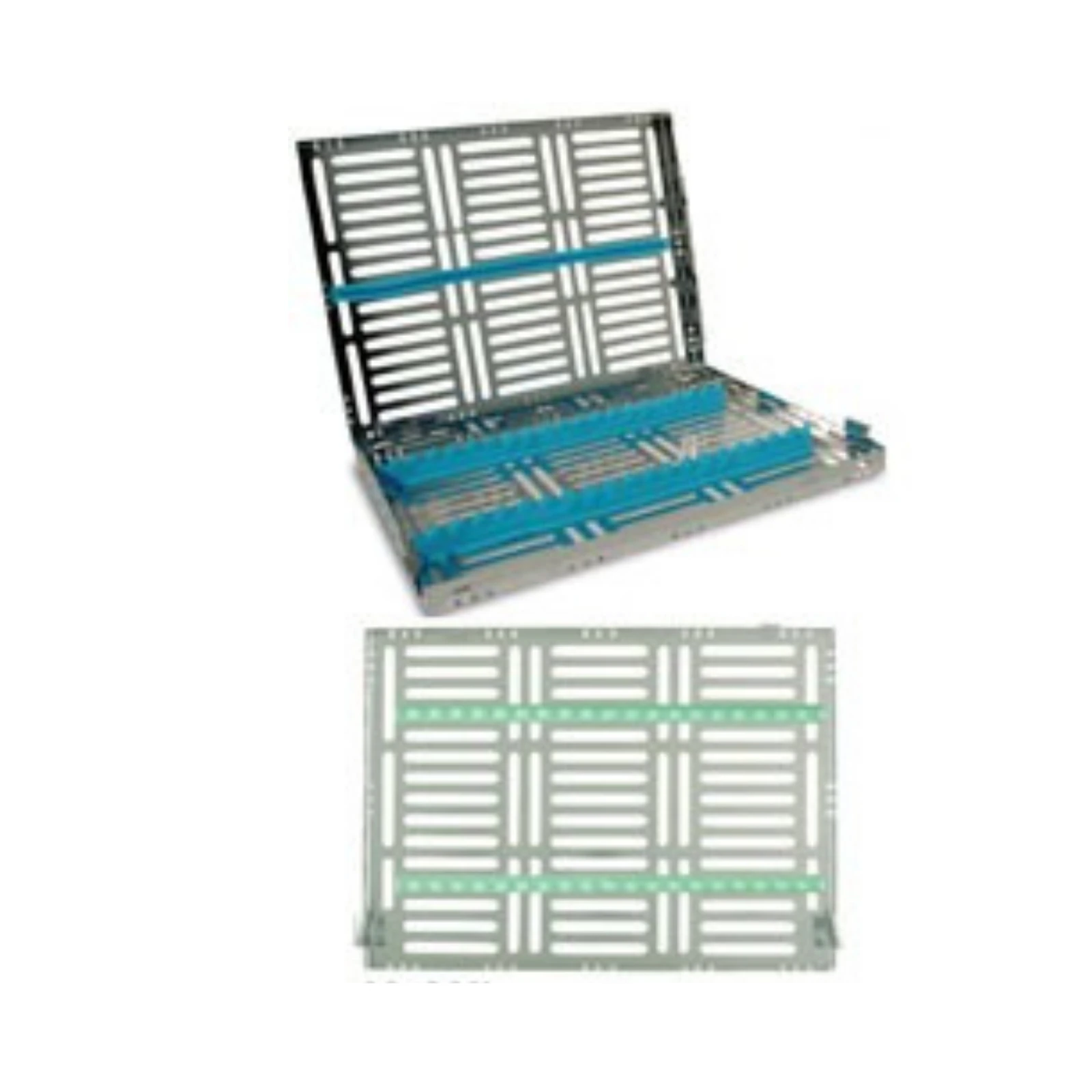 Nordent Large Sterilization Cassette, 15 Instruments with Divider, Single-Sided, Light Green, Stainless Steel, 8"W x 11"L x 1.25"H - Nordent Large, 15 Instrument plus 3"x 8" open area Sterilization Cassette - Image 1