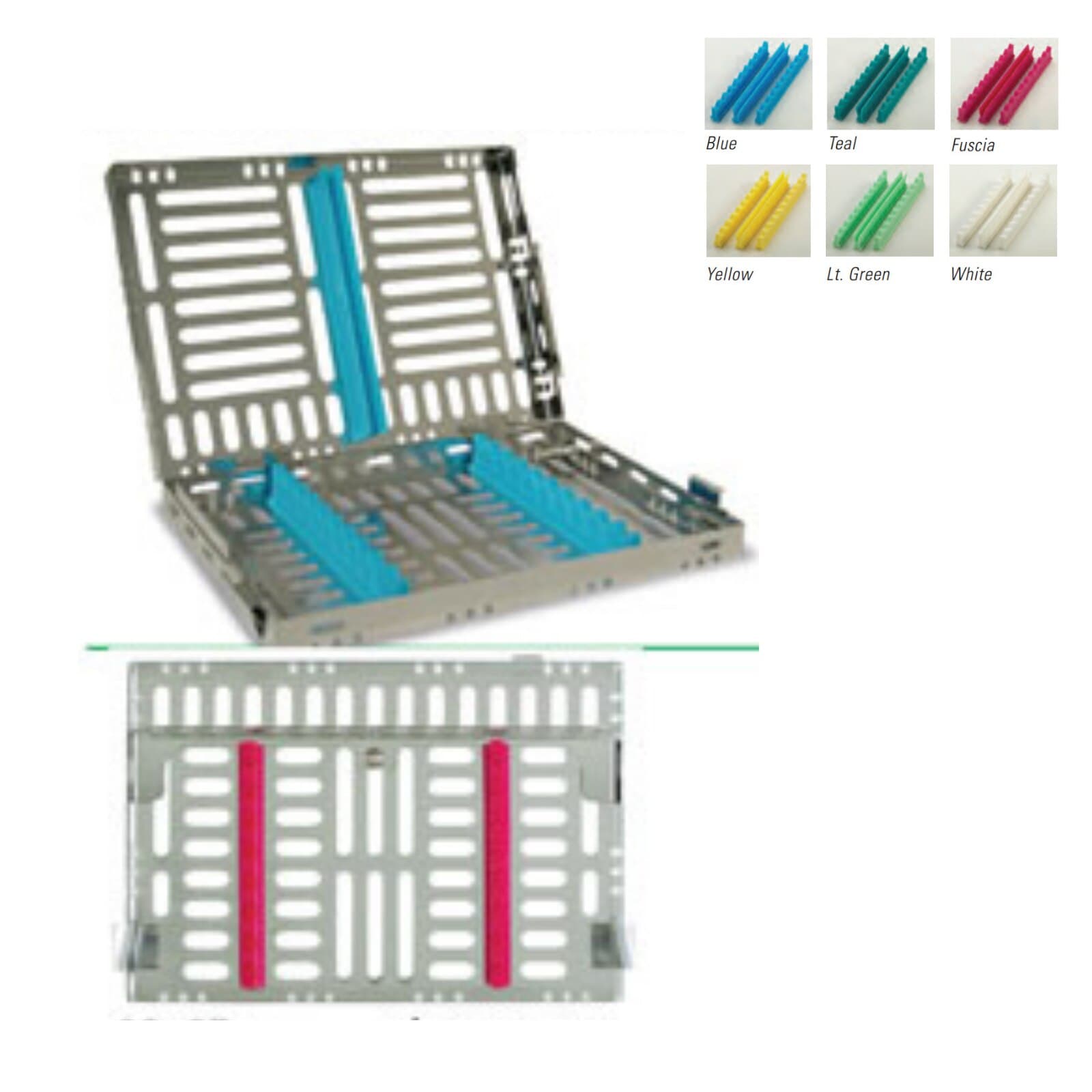 Nordent Large Sterilization Cassette, Single-Sided, 8 Instruments with Divider, Blue, Stainless Steel, 8"W x 11"L x 1.25"H - Nordent Large, 8 Instrument plus 6.5"x 8" open area Sterilization Cassette - Image 1