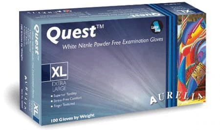Aurelia Quest Nitrile Exam Gloves, Powder-Free, Textured Fingertips, Non-Sterile, White, X-Small, 100/Box - Aurelia Quest White Nitrile X-Small 100/Bx - Image 1