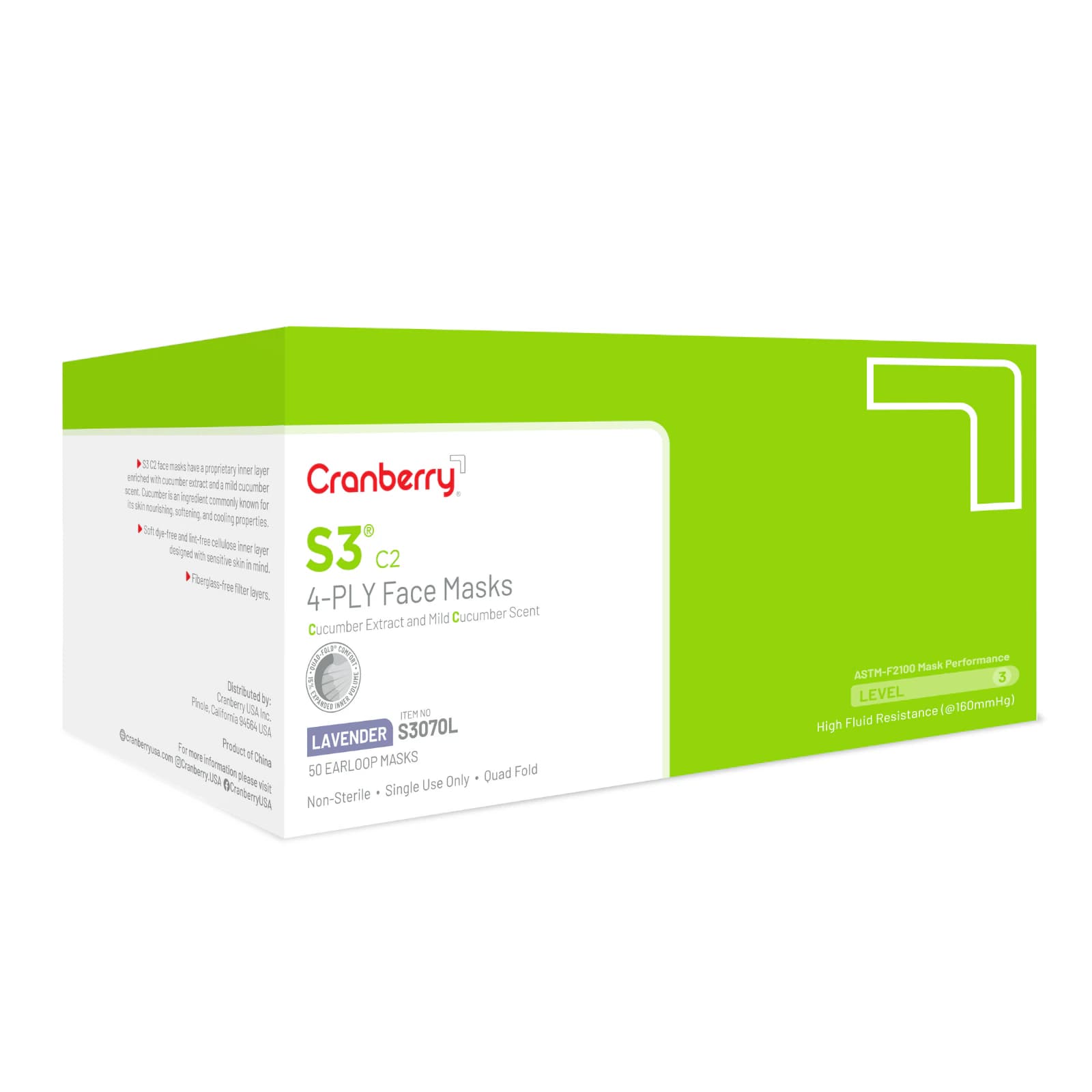 Cranberry S3 C2 Earloop Face Masks, ASTM Level 3, Lavender, Cucumber Extract, 50/Box, S3070L thumbnail 4