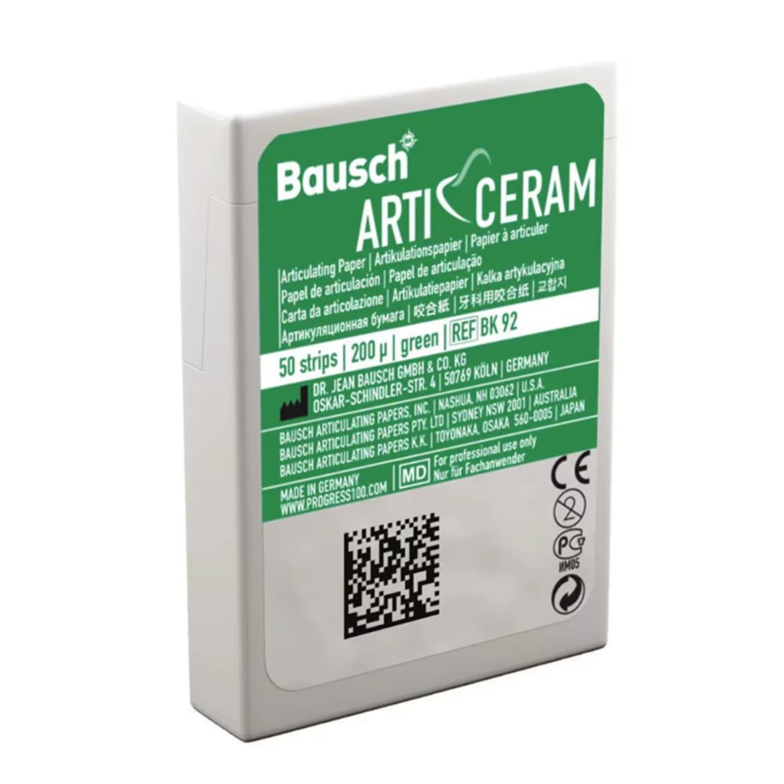 Bausch Arti-Ceram Articulating Paper, Green, 200 Microns, 50 Strips per Dispenser - Arti-Ceram Articulating Paper Green 200microns 50/Strips Dispenser - Image 1