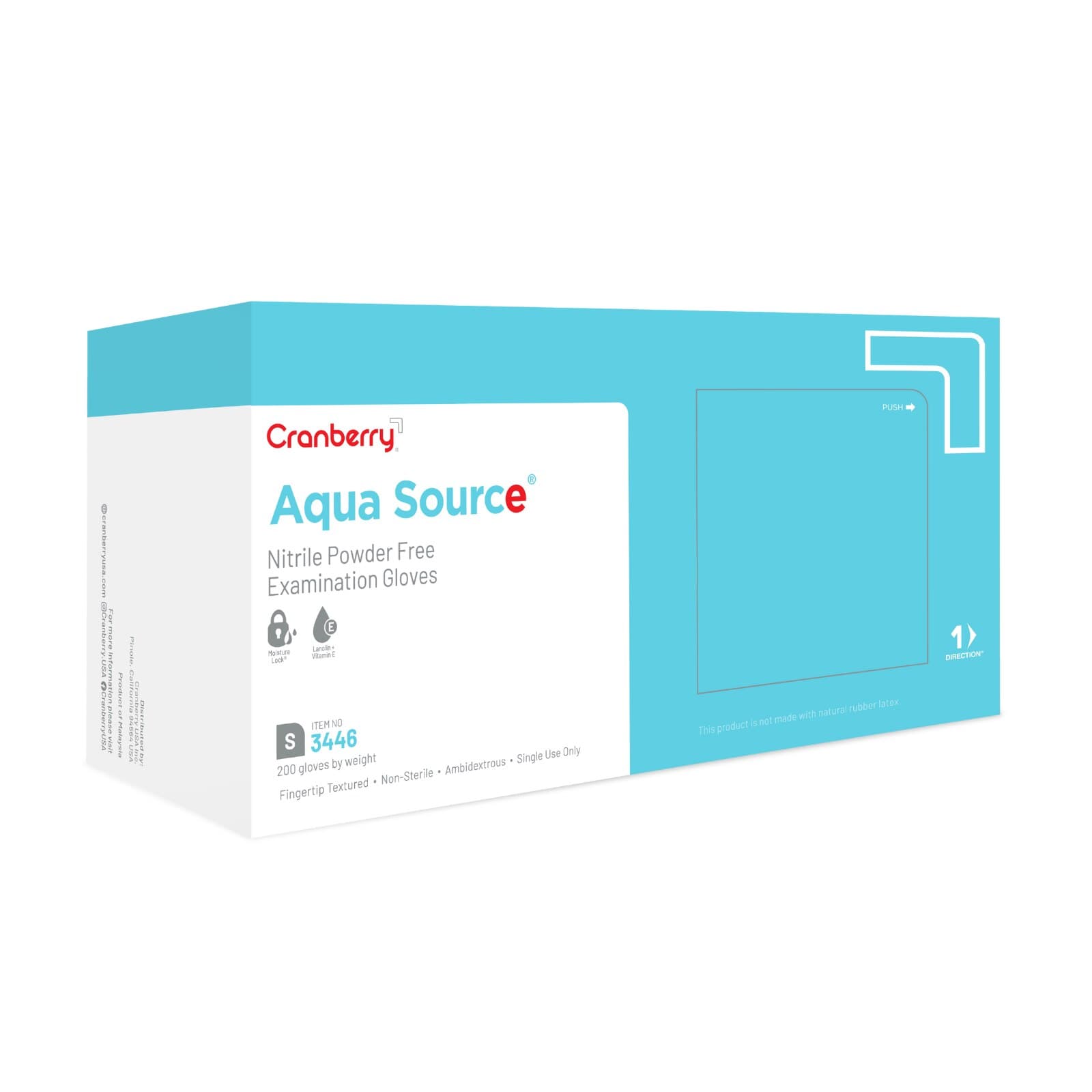 Cranberry AquaSource Nitrile Exam Gloves, Powder-Free, Non-Sterile, Small, Vitamin E & Lanolin, Teal, 200/Box, 3446 thumbnail 2