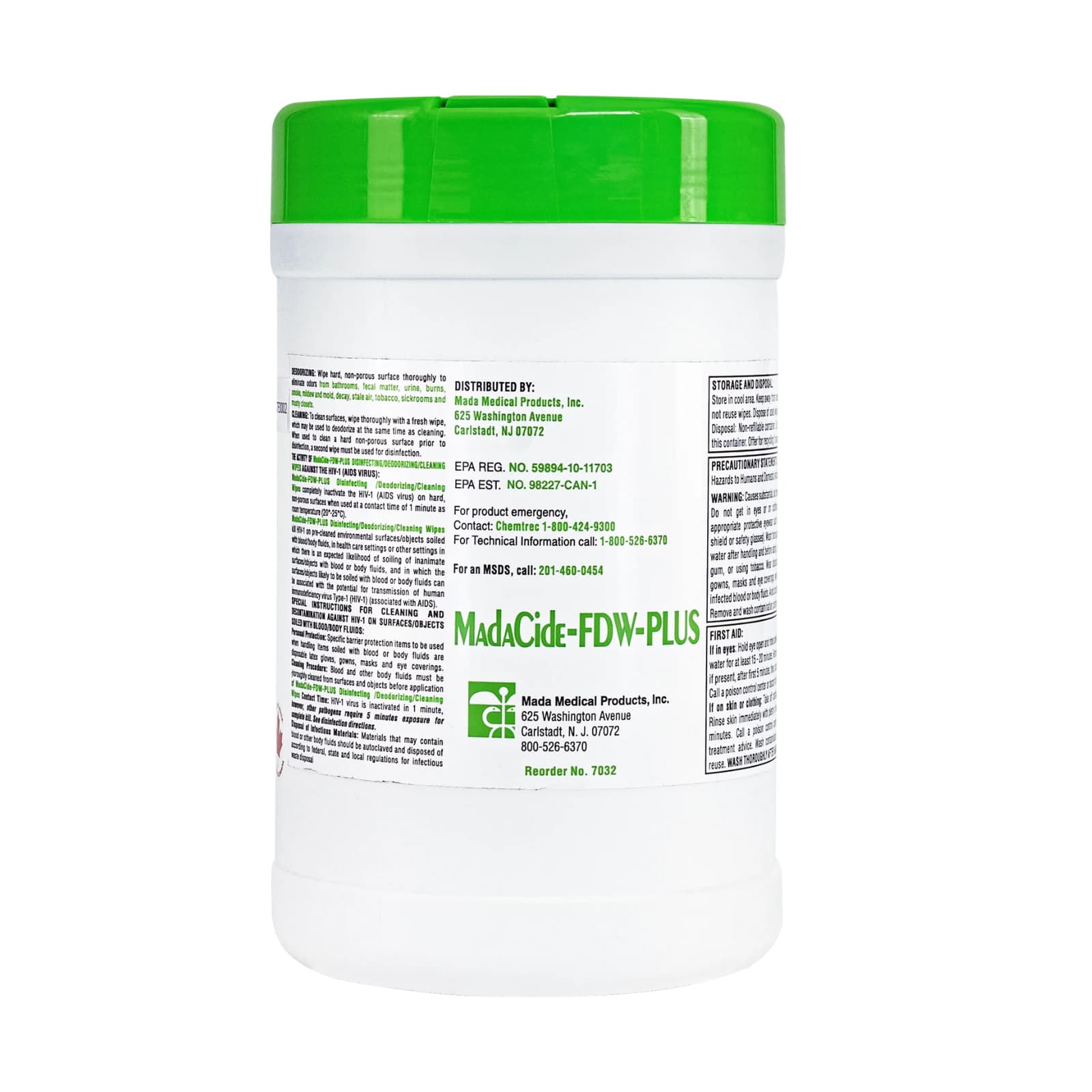 MadaCide FDW-Plus Disinfectant Wipes, 6" x 6.75", 160/Canister thumbnail 2