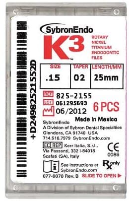 K3 Nickel Titanium Rotary Endodontic File, #15, .02 Taper, 25 mm, White, 6/Pk, 825-2155 thumbnail 9
