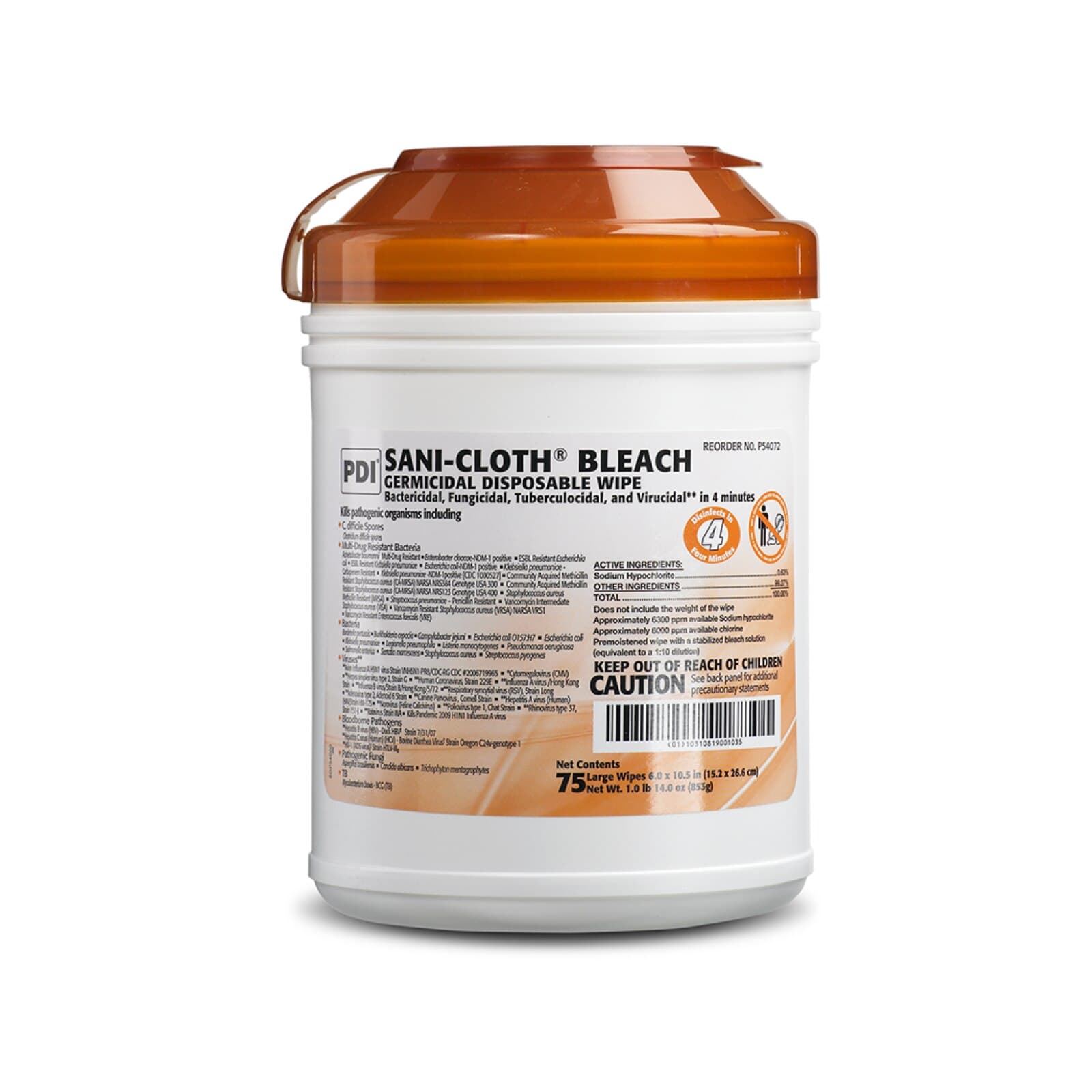 Sani-Cloth Bleach Germicidal Disposable Wipes, Large 6" x 10.5", 75/Canister, P54072 thumbnail 3