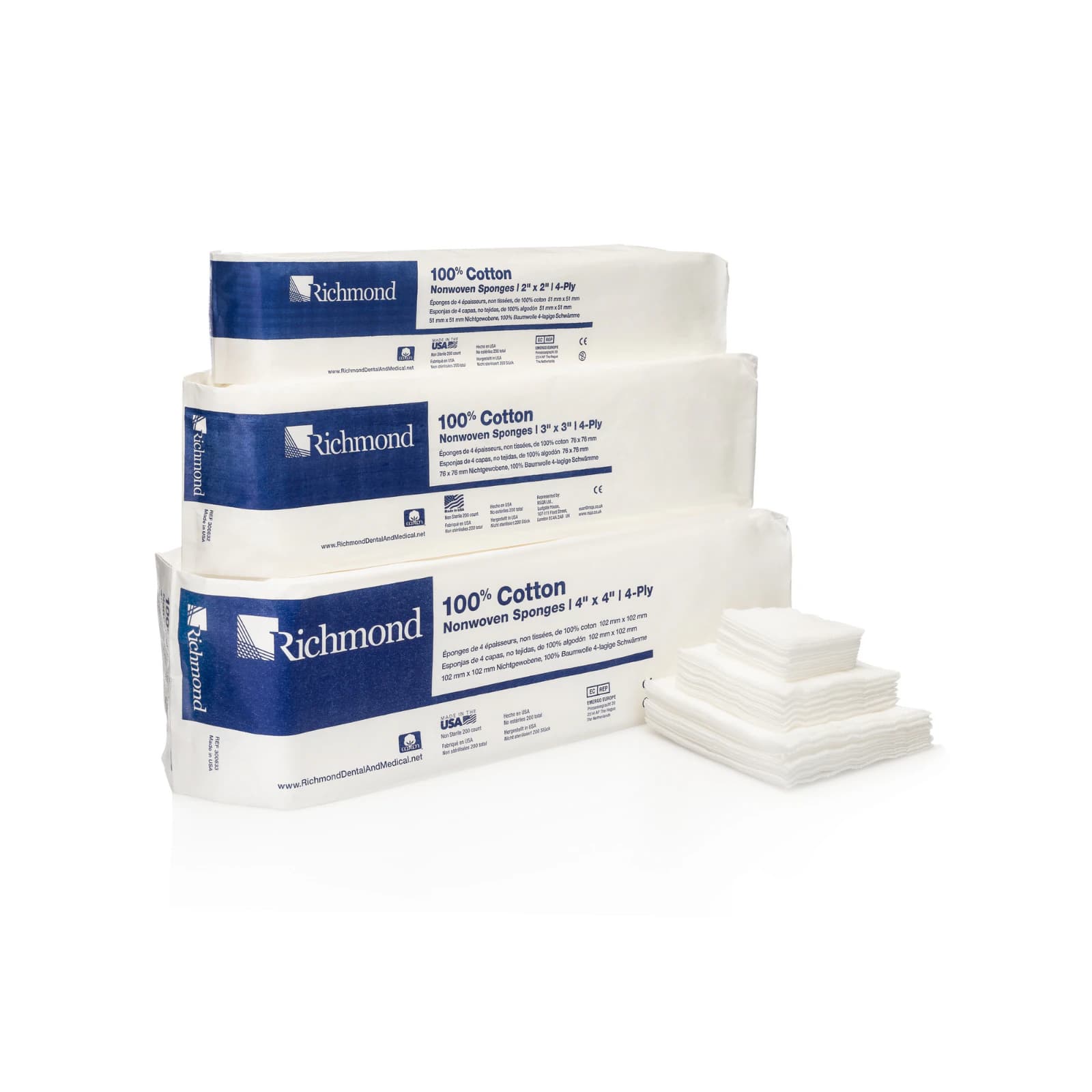 Richmond 100% Cotton Nonwoven Sponges, 3" x 3", 4-Ply, Non-Sterile, 4000/Case (20 Sleeves of 200), 300632 thumbnail 3