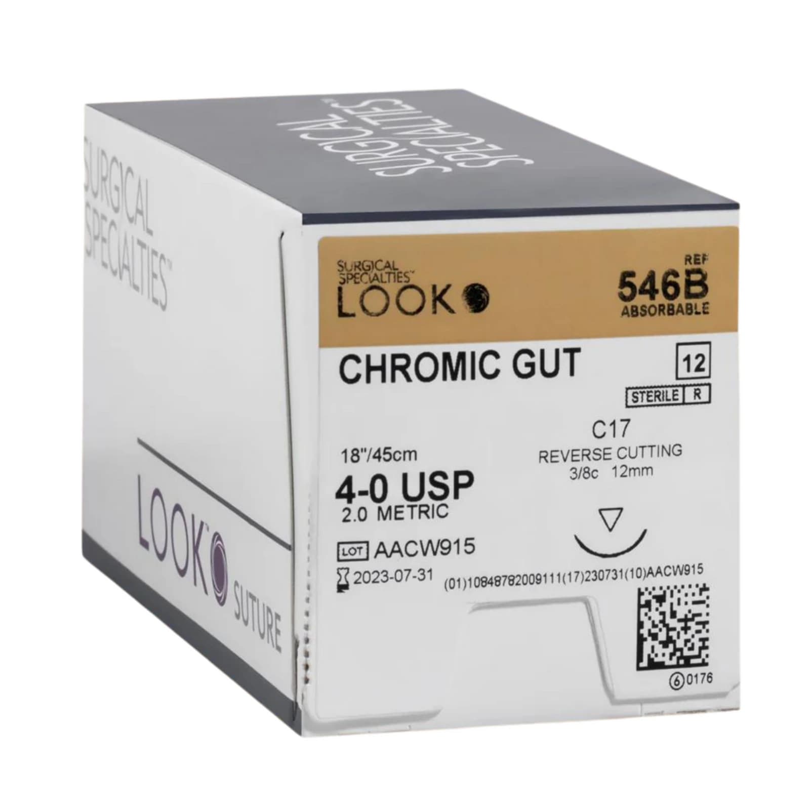 Look 4-0 Chromic Gut Absorbable Suture, 18", C-17 Reverse Cutting Needle, 3/8 Circle, 12/Box, #546B thumbnail 6