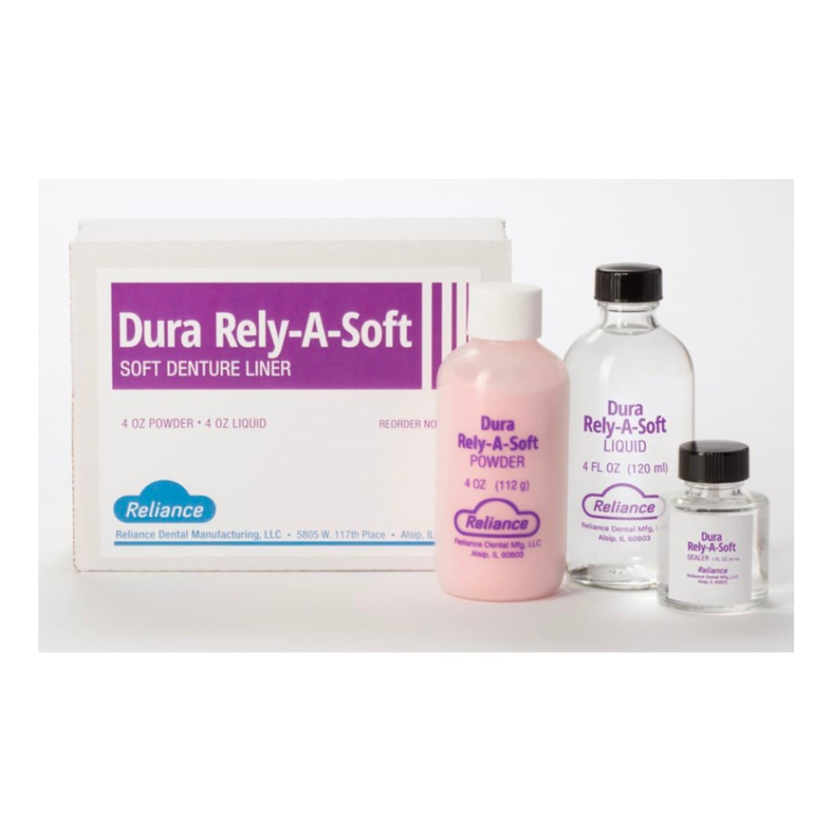 Reliance Dental Dura Rely-A-Soft Long-Term Soft Denture Liner Kit, Pink, 4 oz Powder, 4 oz Liquid, 1 oz Sealer - Dura Rely-A-Soft Denture Liner Pkg 4oz, Pink - Image 1