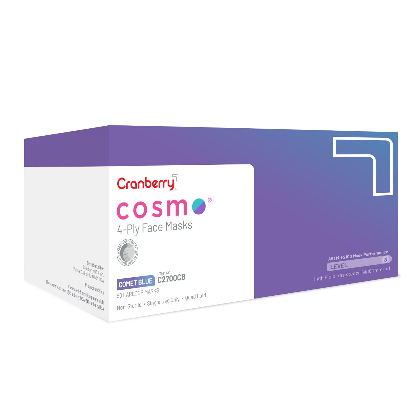 Cranberry Cosmo Procedure Face Mask, ASTM Level 3, 4-Ply, Ear Loop, Comet Blue, 50/Box, C2700CB thumbnail 8