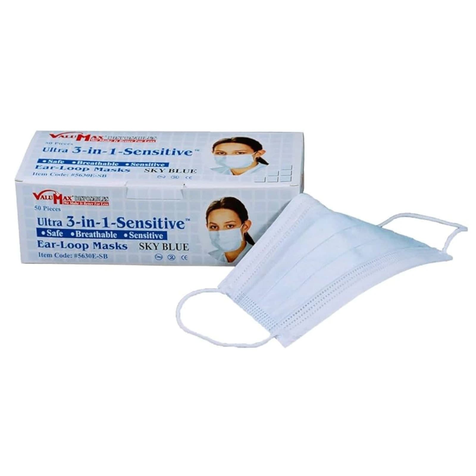 Valumax Ultra 3-in-1 Sensitive Earloop Mask, Sky Blue, ASTM Level 3, 50/Box, 5630E-SB thumbnail 2