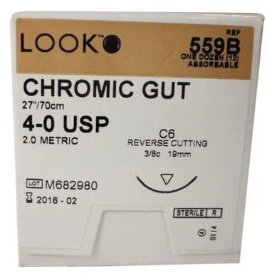 Look Plain Gut Absorbable Suture, 4-0, 27"/70 cm, C6 Reverse Cutting Needle, 19 mm 3/8 Circle, 12/Pk, 551B thumbnail 3