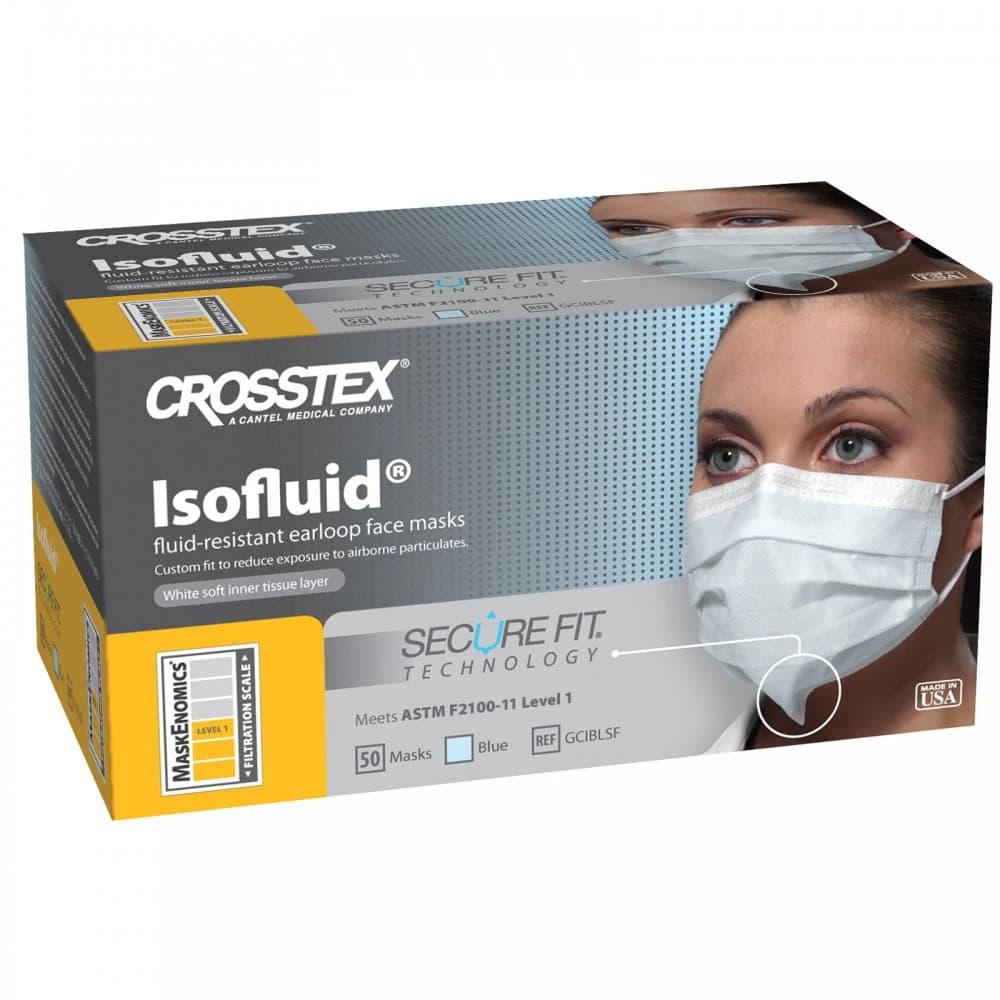 Crosstex Isofluid SecureFit Earloop Surgical Face Mask, ASTM Level 1, Blue, 50/Box, GCIBLSF thumbnail 11