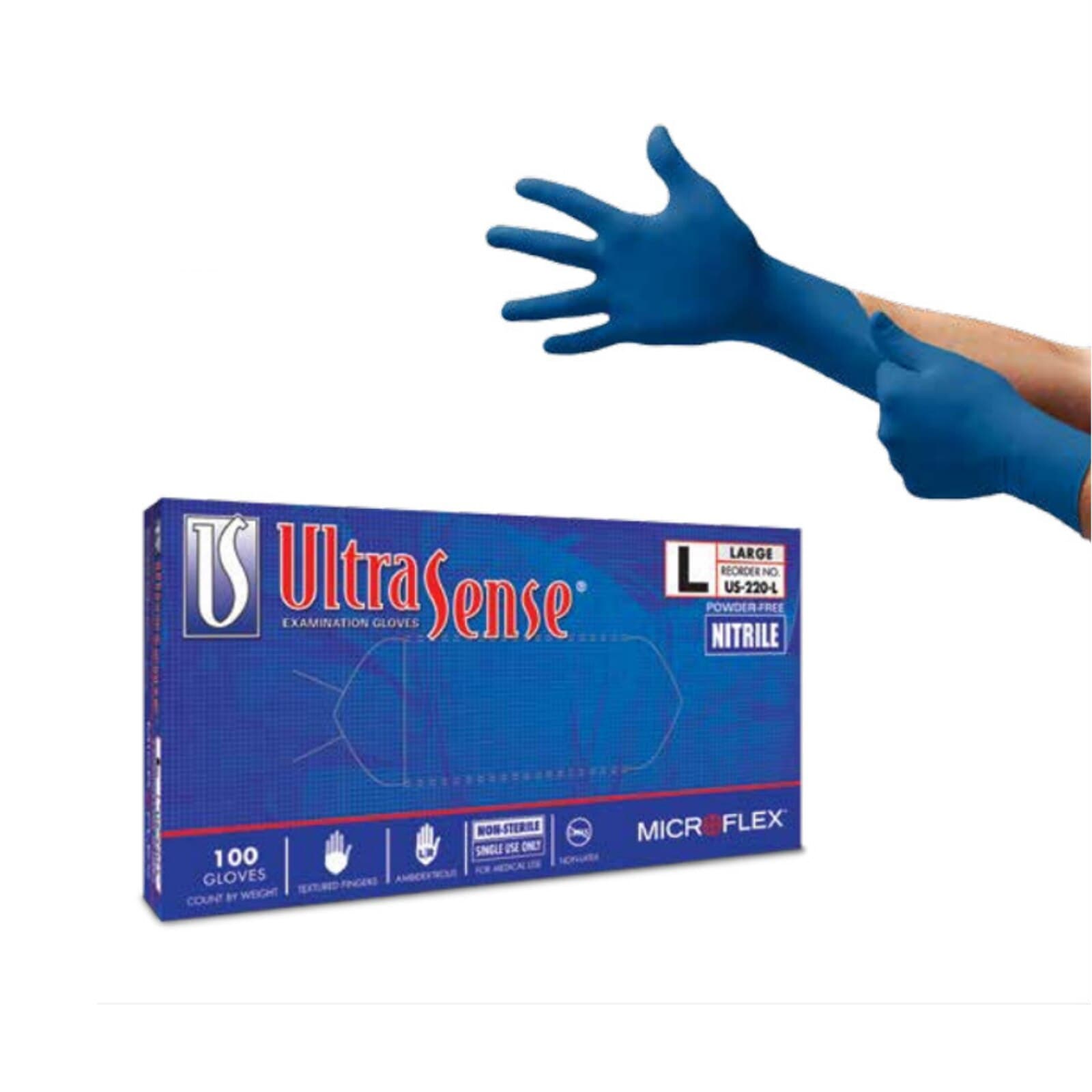 Microflex UltraSense EC Powder-Free Nitrile Exam Gloves, Large, Blue, Textured, Beaded Cuff, 100/Box thumbnail 8