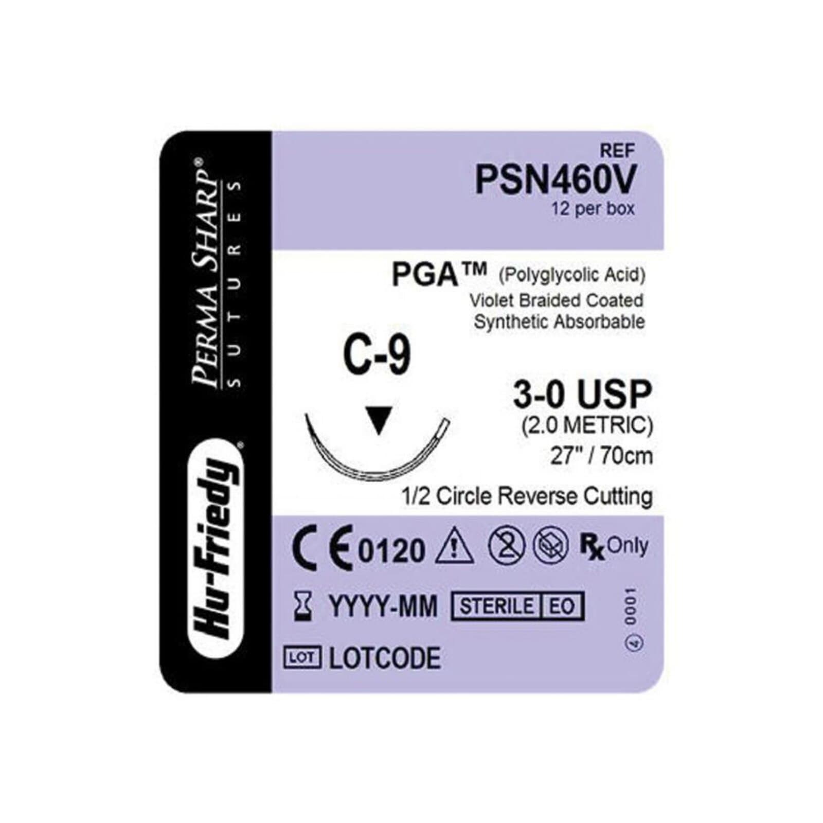 Hu-Friedy Perma Sharp PGA Absorbable Suture, 3-0, C-9 Reverse Cutting 1/2 Circle Needle, 27" Violet Braided, 12/Box thumbnail 3