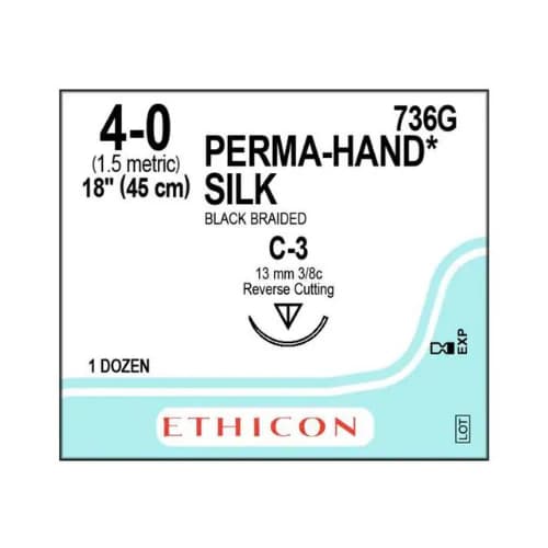 Ethicon Perma-Hand Braided Silk Non-Absorbable Sutures, 4-0, 18", Black, C-3 Reverse Cutting Needle, 3/8 Circle, 12/Box, 736G thumbnail 5