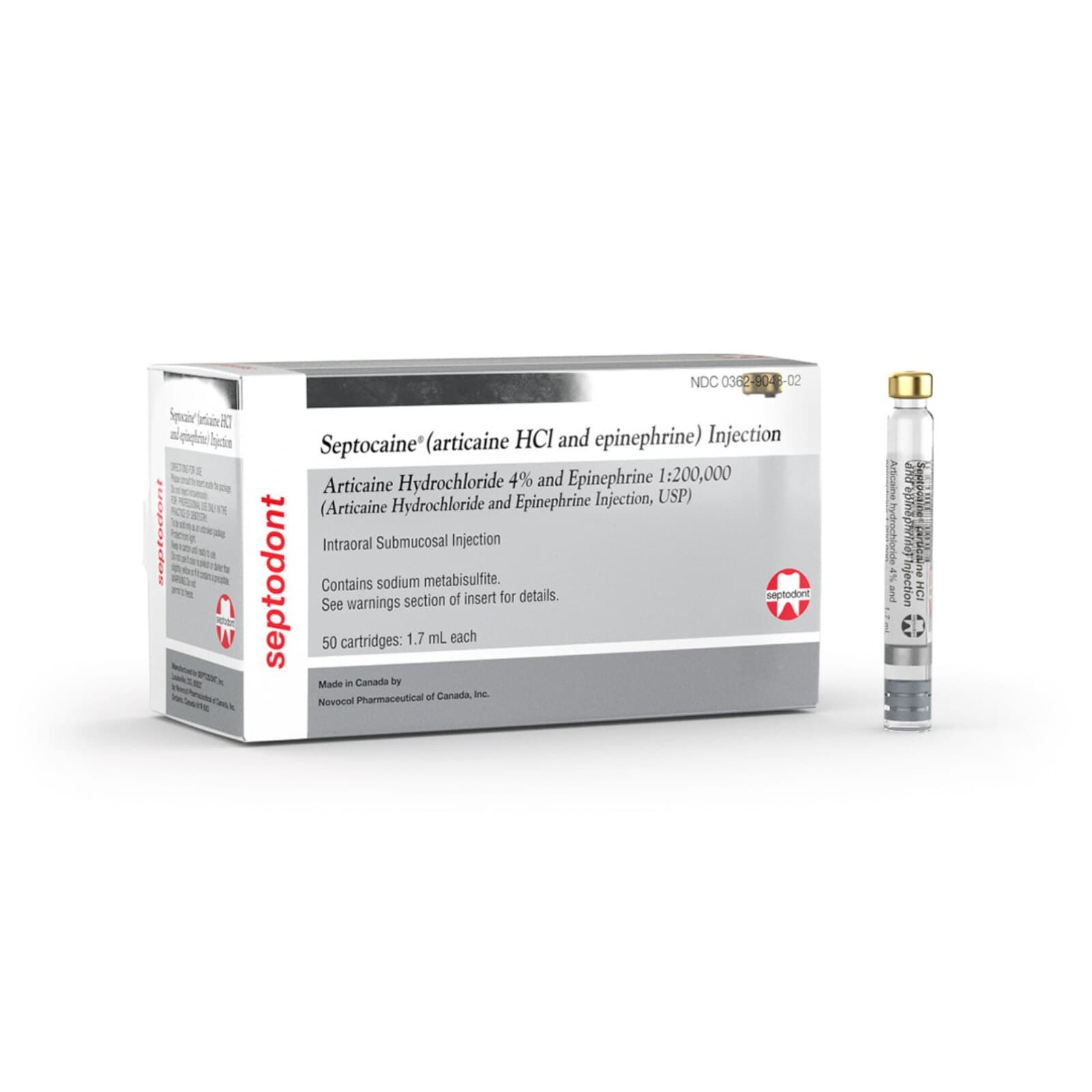 Septocaine (Articaine HCl 4% with Epinephrine 1:200,000) Dental Anesthetic Cartridges, 1.7 mL, 50/Box - Septocaine (Articaine HCl 4%) w/Epi 1:200K 50/Box - Image 1