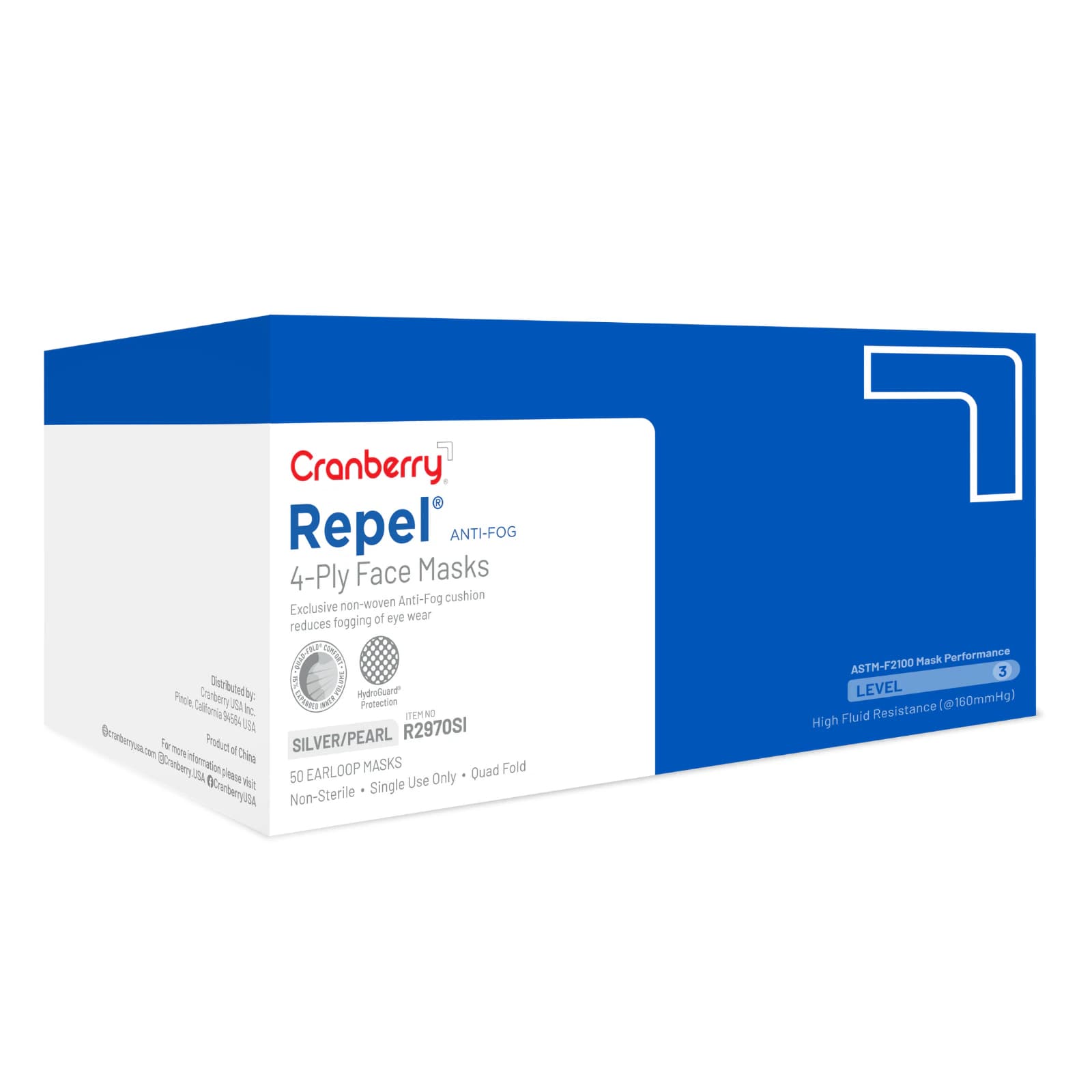 Cranberry Repel 4-Ply Anti-Fog Earloop Face Mask, ASTM Level 3, Pearl Silver, 50/Box, R2970SI thumbnail 3