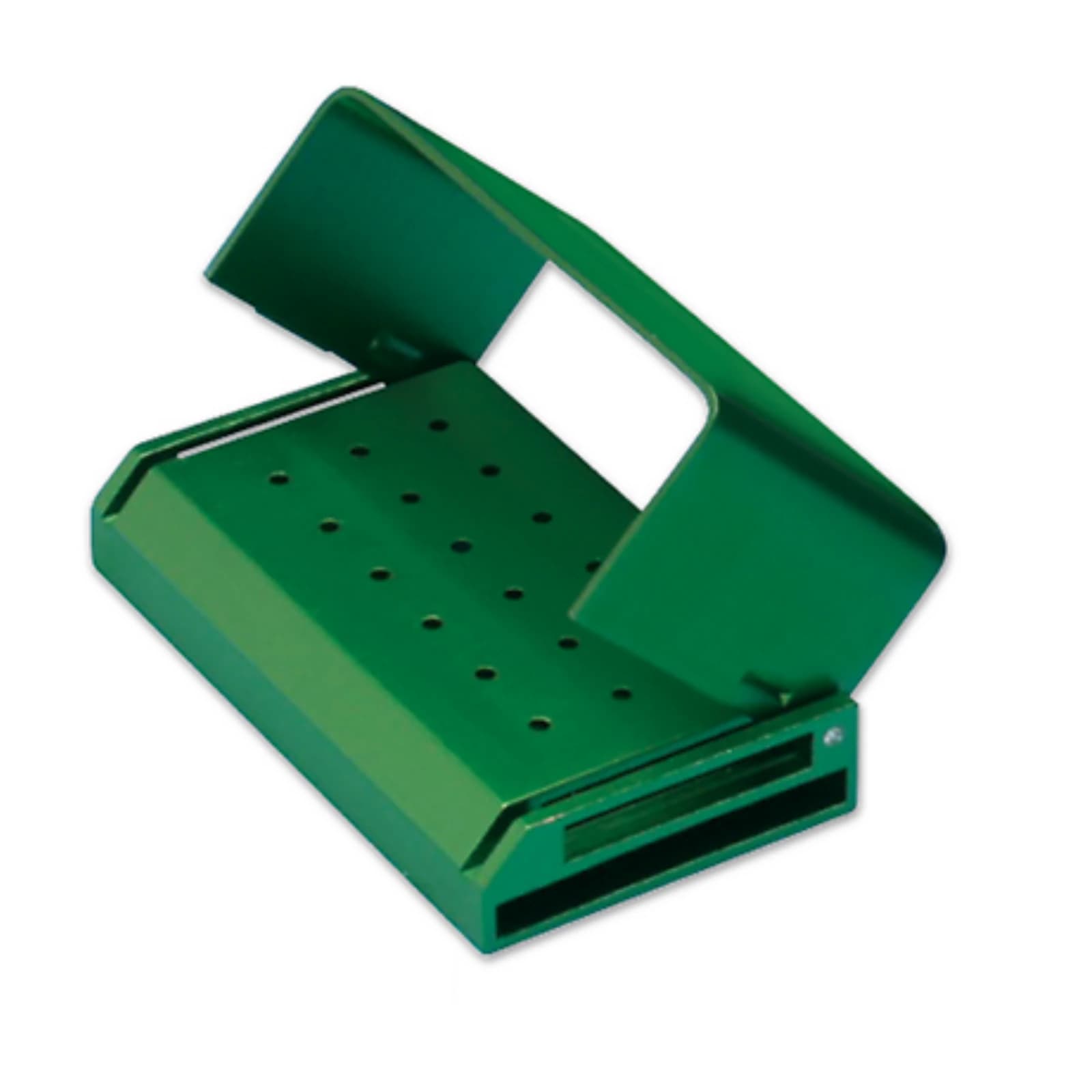 Premier Dental Bur Block Aluminum, 18 Hole, Swivel Lid, Green - Bur Block Aluminum 18 Hole w/Swivel Lid Green - Image 1
