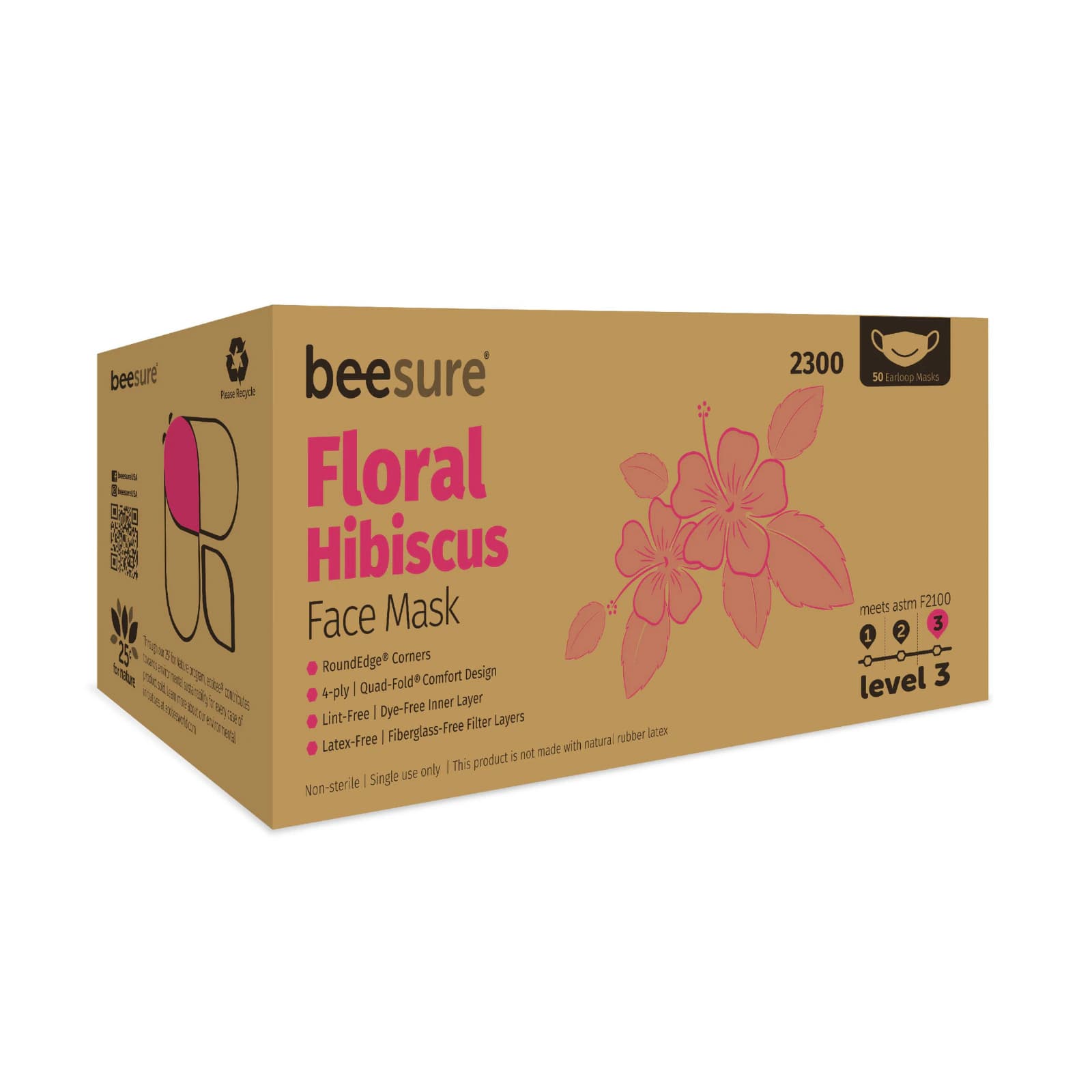 BeeSure Earloop Face Masks, Hibiscus Floral Pink, ASTM Level 3, 50/Box thumbnail 2