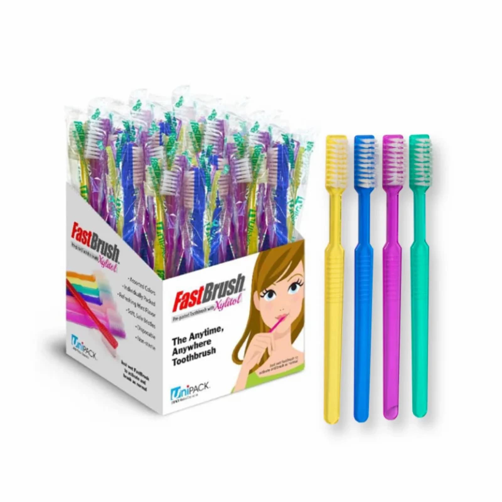 Dukal UniPACK Fast Brush Pre-Pasted Disposable Toothbrushes, Xylitol, Soft Bristles, Assorted Colors, 100/Box, UDA-4001 thumbnail 3