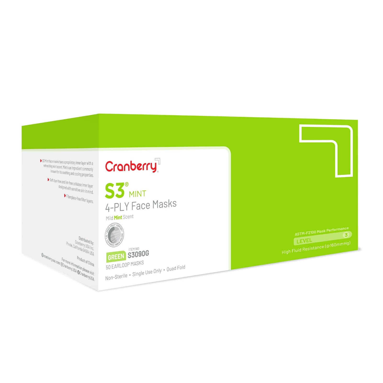 Cranberry S3 Mint Earloop Face Masks, ASTM Level 3, Green, 50/Box, S3090G thumbnail 4