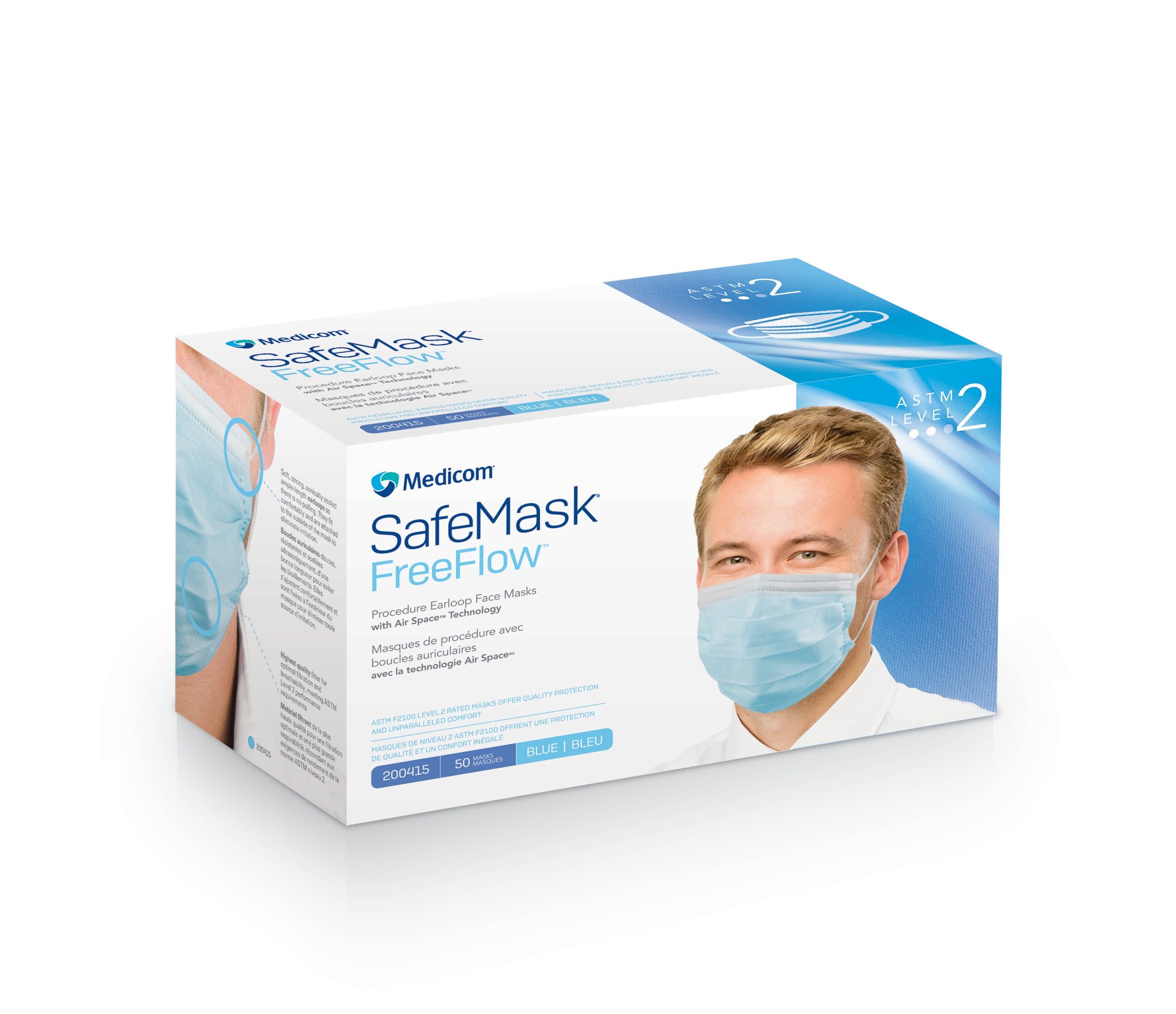 Medicom SafeMask FreeFlow Procedure Face Mask, ASTM Level 2, Blue, Ear Loop, 50/Box, 200415 thumbnail 16