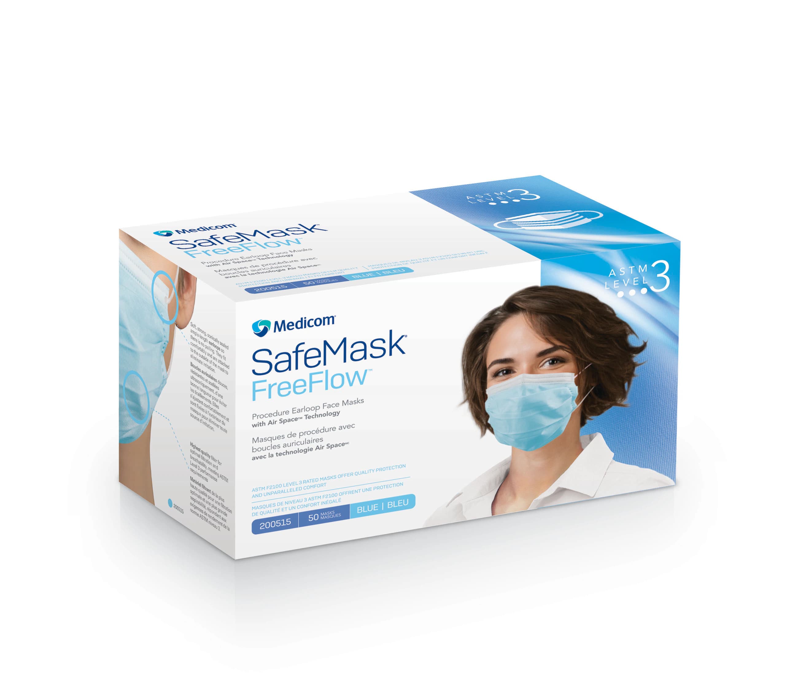 Medicom SafeMask FreeFlow Procedure Face Mask, ASTM Level 3, Blue, 50/Box, 200515 thumbnail 16