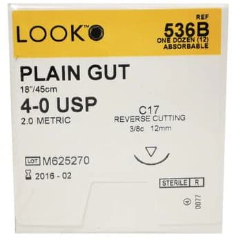 Look 536B Plain Gut Absorbable Suture, 4-0, 18" (45 cm), C-17 Reverse Cutting 3/8 Circle 12 mm Needle, 12/Box thumbnail 3