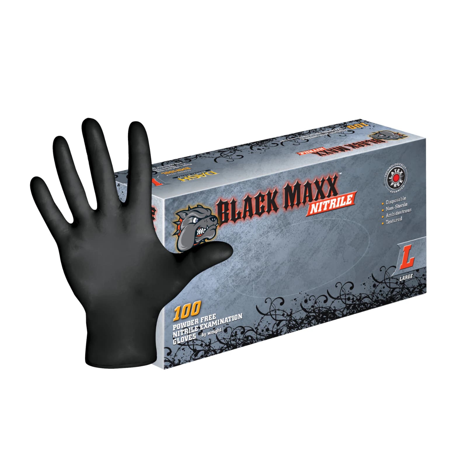 Black Maxx Nitrile Exam Gloves, XX-Large, Powder-Free, Non-Sterile, Black, Textured, 100/Box thumbnail 2