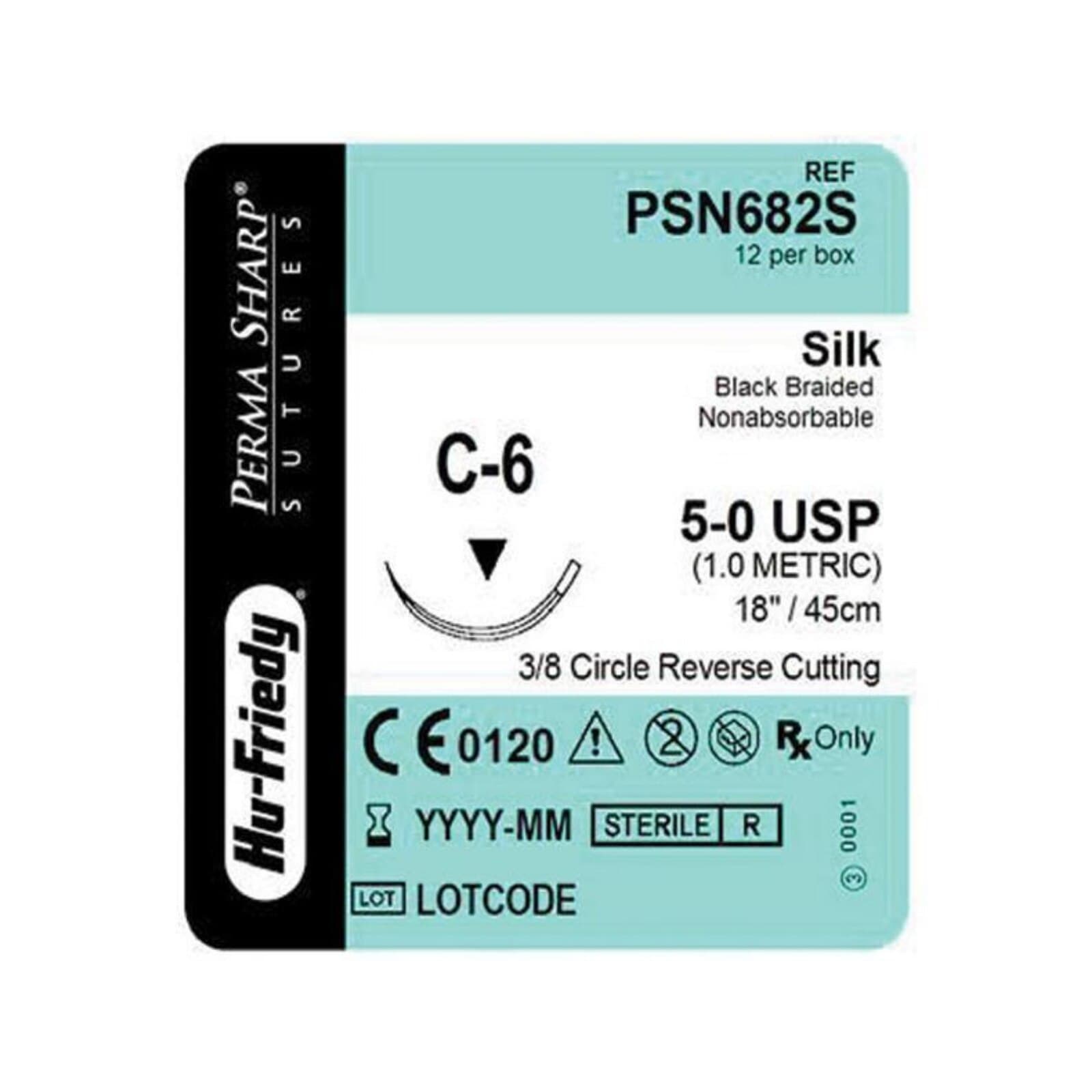 Hu-Friedy Perma Sharp Non-Absorbable Silk Suture, 5-0, Black Braided, 18" C-6 Reverse Cutting 3/8 Circle Needle, 12/Box, PSN682S thumbnail 3