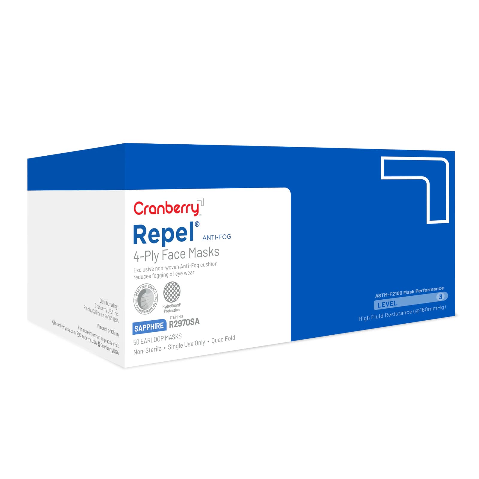 Cranberry Repel 4-Ply Anti-Fog Earloop Face Mask, ASTM Level 3, Sapphire, 50/Box, R2970SA thumbnail 15