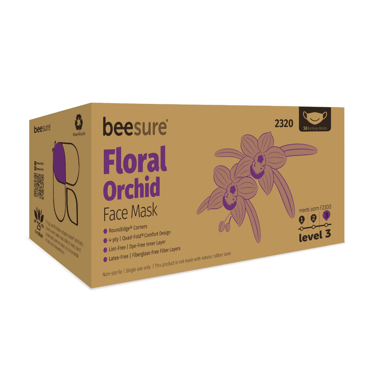 BeeSure Earloop Face Masks, Orchid Floral Lavender, ASTM Level 3, 50/Box thumbnail 7