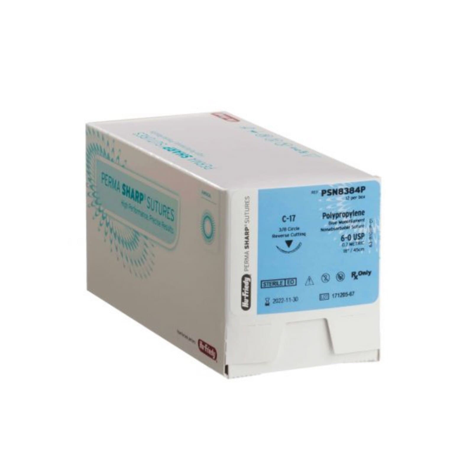 Hu-Friedy Perma Sharp Polypropylene Suture, 6-0, Blue, 18", C-1 Premium Reverse Cutting 3/8 Circle Needle, 12/Box, PSN8697P thumbnail 2