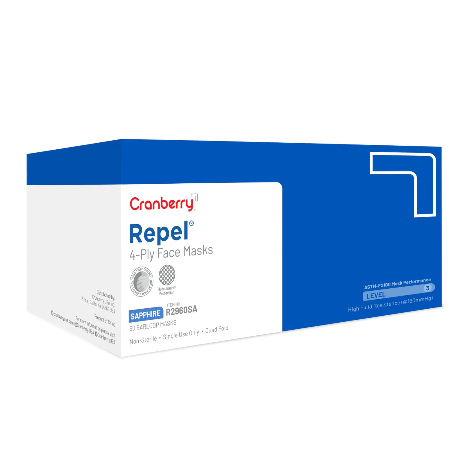 Cranberry Repel 4-Ply Procedure Face Mask, ASTM Level 3, Sapphire, Ear Loop, 50/Box, R2960SA thumbnail 15