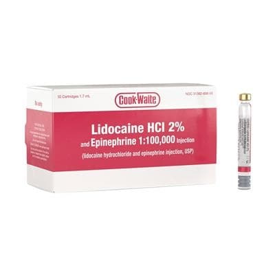 Cook-Waite Lidocaine HCl 2% & Epinephrine 1:100,000 Injection, 50 Cartridges/Box, 99167 - Cook-Waite Lidocaine HCl 2% & Epinephrine 1:100,000 50/Bx 99167 - Image 1