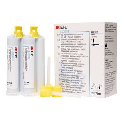 3M ESPE Express Light Body Fast Set Vinyl Polysiloxane Impression Material, 50 ml Cartridges, Export Package (Blue), 2 Cartridges + 10 Mixing Tips - Express LB FS Impression Material EXPORT PACKAGE. Light Body, Fast Set (Blue) - Image 1