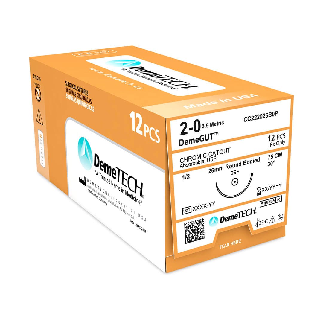 DemeGUT 2/0 Chromic CatGut Absorbable Suture, 30", Brown, 12/Box, DSH Needle 26mm 1/2 Circle - DemeGUT 2/0 Chromic CatGut Absorbable Suture, 30", Brown, 12/Box - Image 1