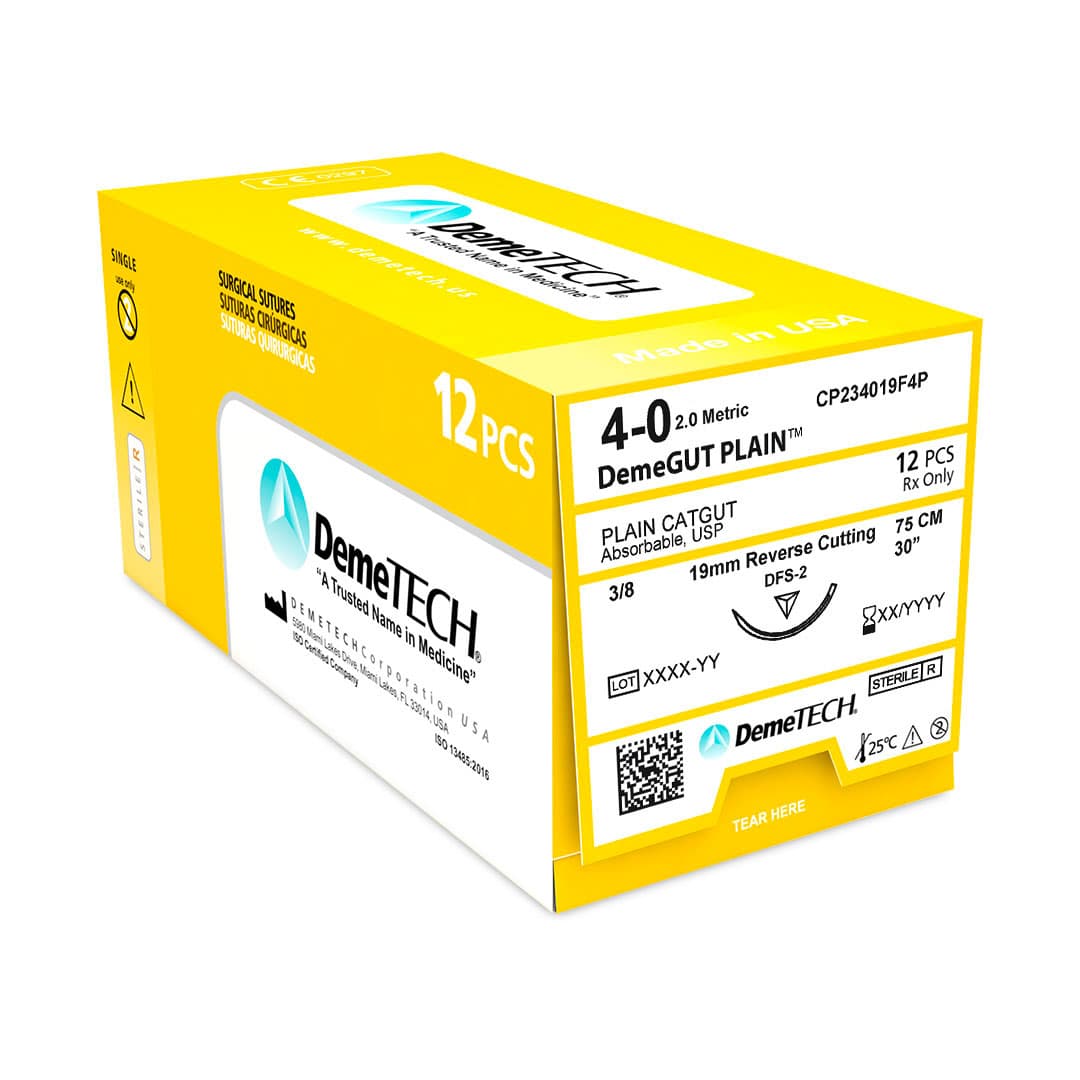 DemeGUT PLAIN 4/0, 30" (75cm) Plain Catgut, Absorbable, Beige Suture, Reverse Cutting DFS-2 Needle (19mm, 3/8 Circle), 12/Box - DemeGUT PLAIN 4/0, 30" (75cm) Plain Catgut, Absorbable, Beige Suture, 12/Box - Image 1