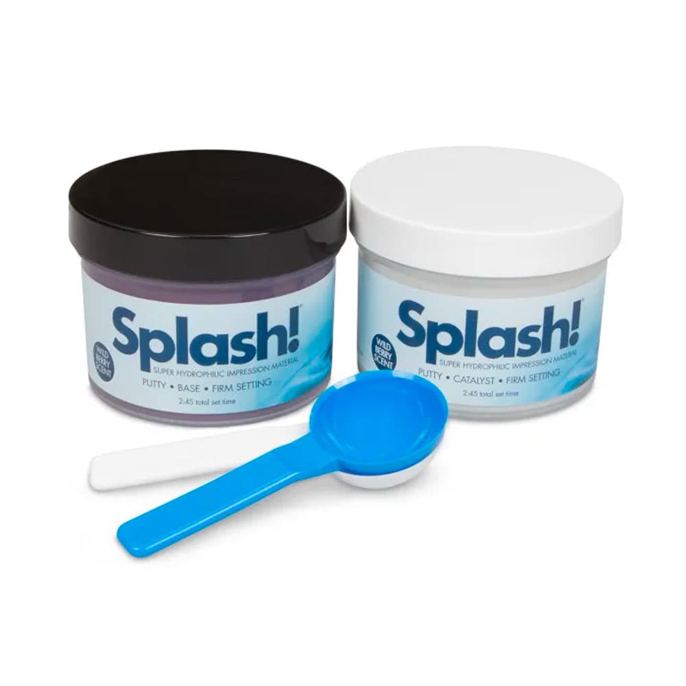 DenMat Splash! Half-Time Putty VPS Impression Material, Super Fast Set (2:45), Wild Berry Scent, Deep Purple, 2 x 250 mL Jars (Base & Catalyst) with 2 Mixing Spoons - Splash! Half-Time Putty Jars, Super Fast Set of 2:45, 1 - 250 mL Jar Base, 1 - Image 1