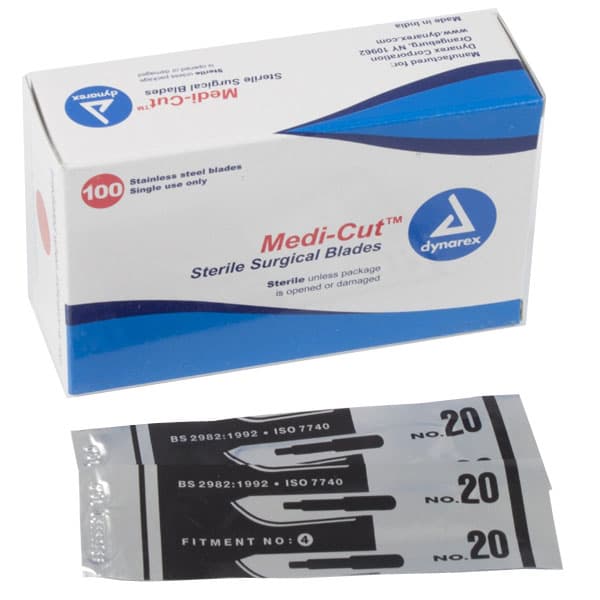 Dynarex Medicut #20 Sterile Surgical Scalpel Blades, Stainless Steel, Individually Foil Packaged, 100/Box, #4140 - Medicut #20 Sterile Blades, 100/Bx. Stainless Steel Surgical Scalpel Blades - Image 1