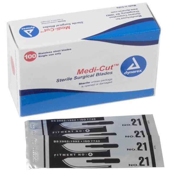Dynarex Medicut #21 Sterile Surgical Scalpel Blades, Stainless Steel, Individually Foil Packaged, 100/Box, #4141 - Medicut #21 Sterile Blades, 100/Bx - Image 1