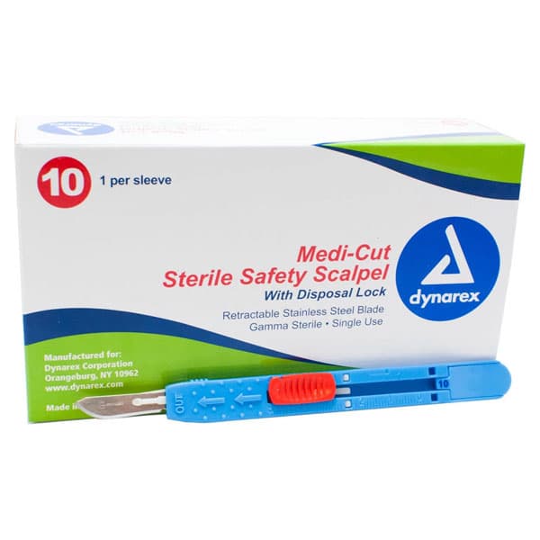 Dynarex Medicut #15 Safety Sterile Scalpels, 10/Bx, #4165 - Medicut #15 Safety Sterile Scalpels, 10/Bx. Blade retracts with one simple - Image 1
