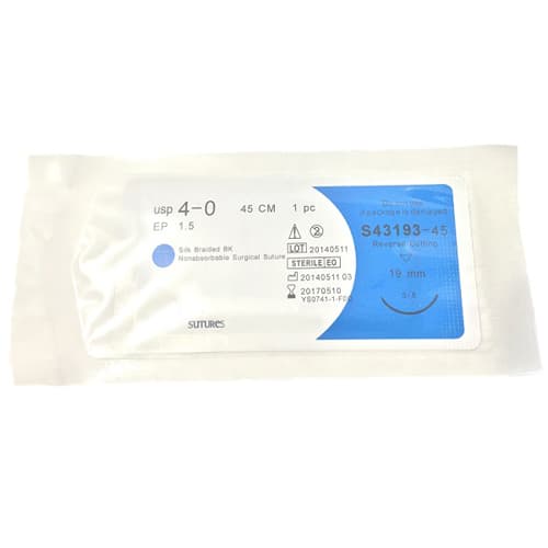 House Brand 4/0 Silk Black Braided Non-Absorbable Suture, 18" (45 cm), Reverse Cutting Needle 3/8 Circle 19 mm, Box of 12 - House Brand 4/0, 18" (45 cm) Silk Black Braided Non-Absorbable Suture with USP - Image 1