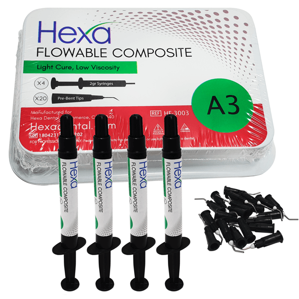 Hexa Flowable Composite A3, Light-Cure Low Viscosity, 4 x 2g Syringes & 20 Pre-Bent Tips, HF-3003 thumbnail 3