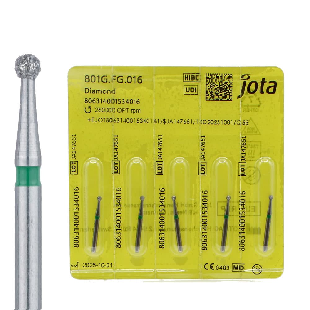 Jota Dentistry FG #801.016 Medium Grit Round Diamond Burs, 1.6mm Head, Blue Ring, Multi-Use, 5/Pk - Jota Dentistry FG #801.016 Medium Grit Round Diamond Burs, 5/Pk - Image 1